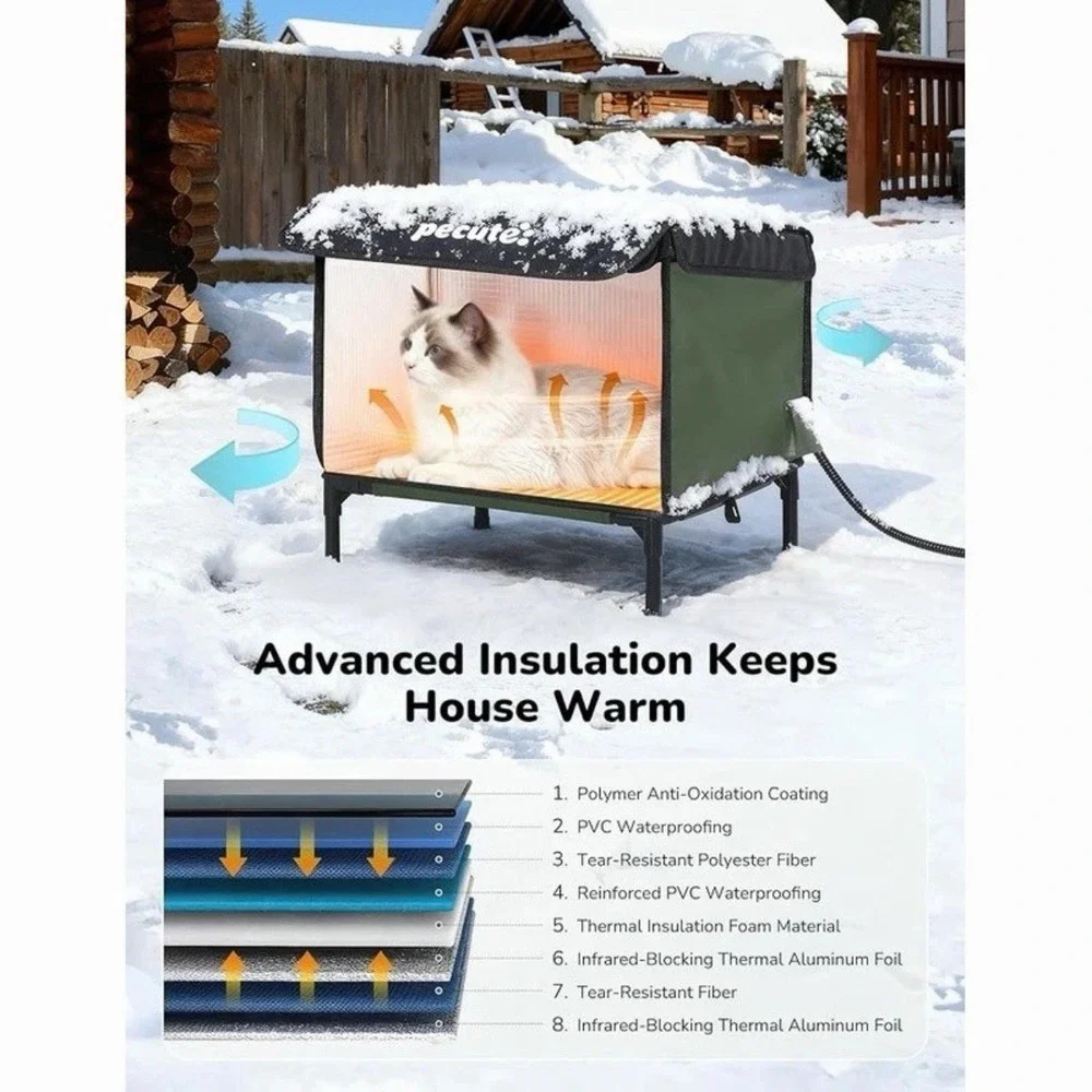 Heated Outdoor Cat House with Heating Pad‎ Weatherproof Insulated Winter Shelter
